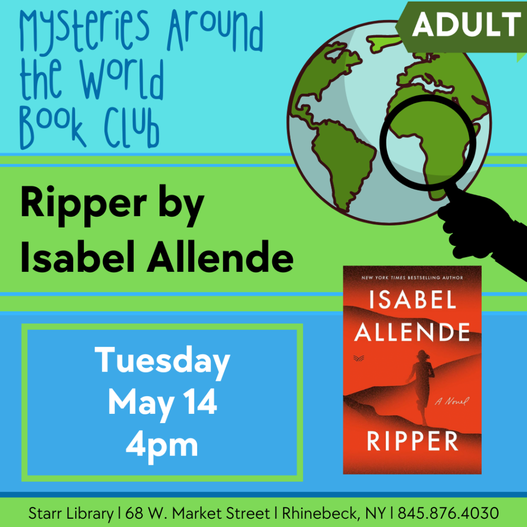 adult program - mysteries book club, ripper by isabel allende, tuesday may 14 at 4pm