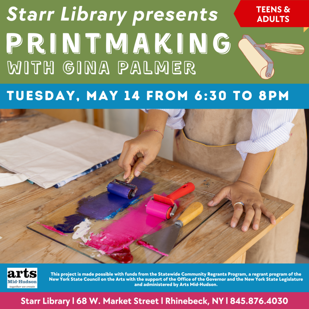 teens and adults program - printmaking with gina palmer - tuesday may 14 at 6:30pm